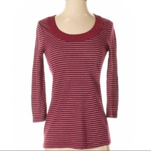 Banana Republic Maroon Silver Metallic Stripe Ruched Scoop Neck Top 3/4 Stretch